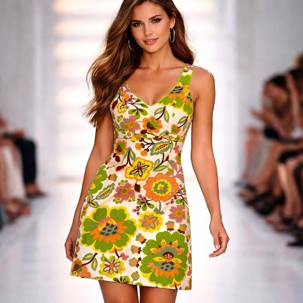 Boden Sz 6‎ Sleeveless 100% Cotton Dress Floral V-Neck Mini Cocktail Shift Retro
